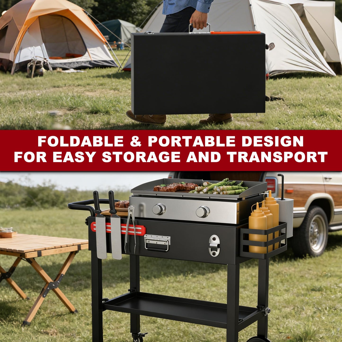 TAILGRILLER Portable Grill Table Outdoor Grill Stand for Blackstone 17"/22" Griddle,Ninja Grill,Foldable Ninja Grill Stand& Blackstone Griddle Stand for Outdoor Tailgating-Camping with Wheels