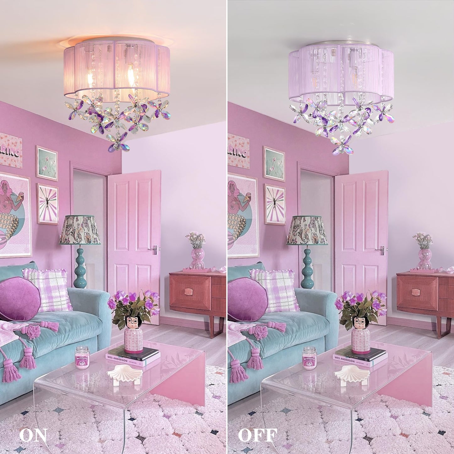 3 Light Bedroom Chandelier Ceiling Light Pink Lamp 13" Small Crystal Mini Chandelier Flush Mount Ceiling Light with Handmade Flower Lampshade for Girls' Bedroom,Closet,Nursery,Dinning Room Purple