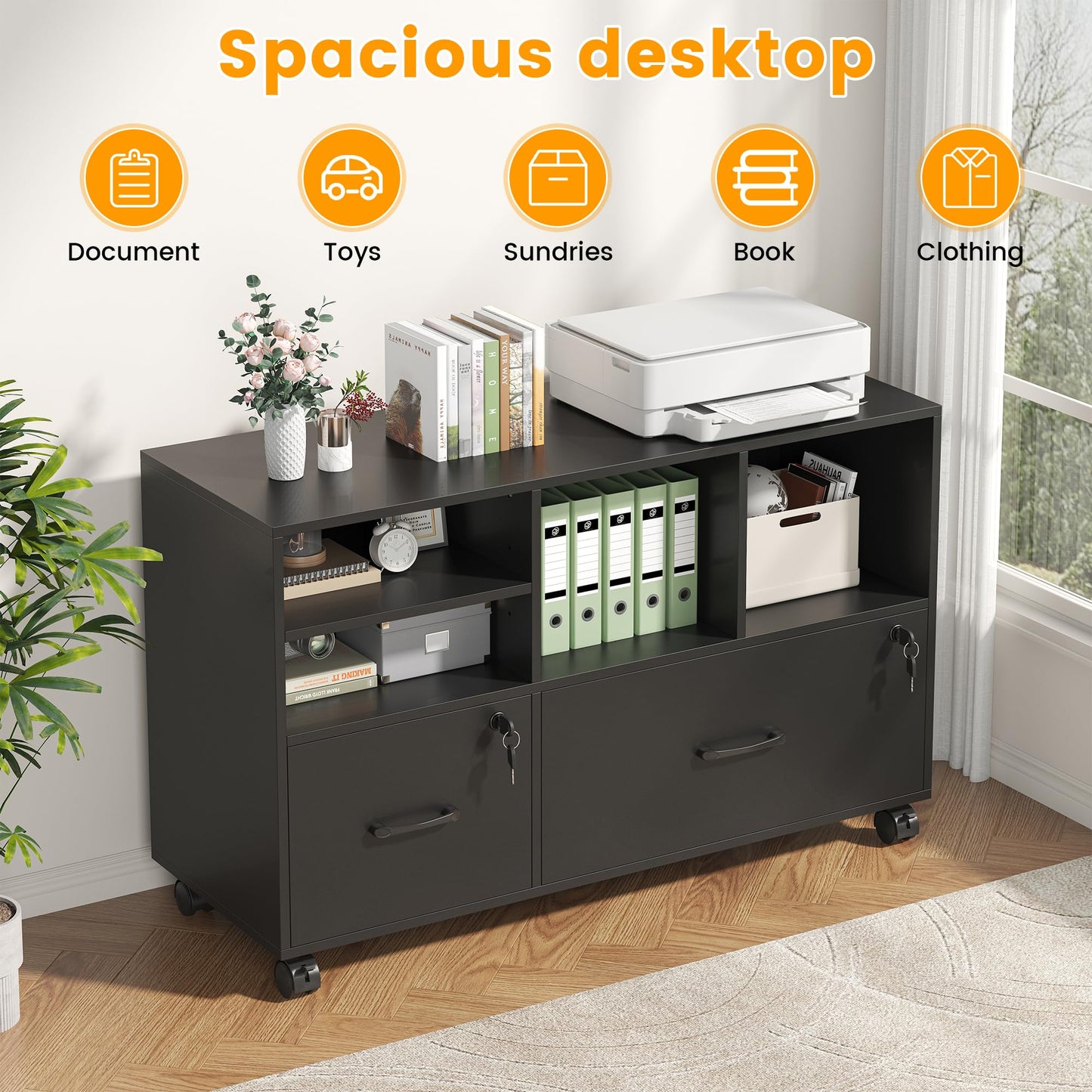 kepptory 2 Drawer Wood Mobile Large Lateral File Cabinet, Lockable Rolling Filing Cabinet with Storage Shelves, Printer Stand Office Storage Cabinet for Home Office Fits Files Legal/A4, Black