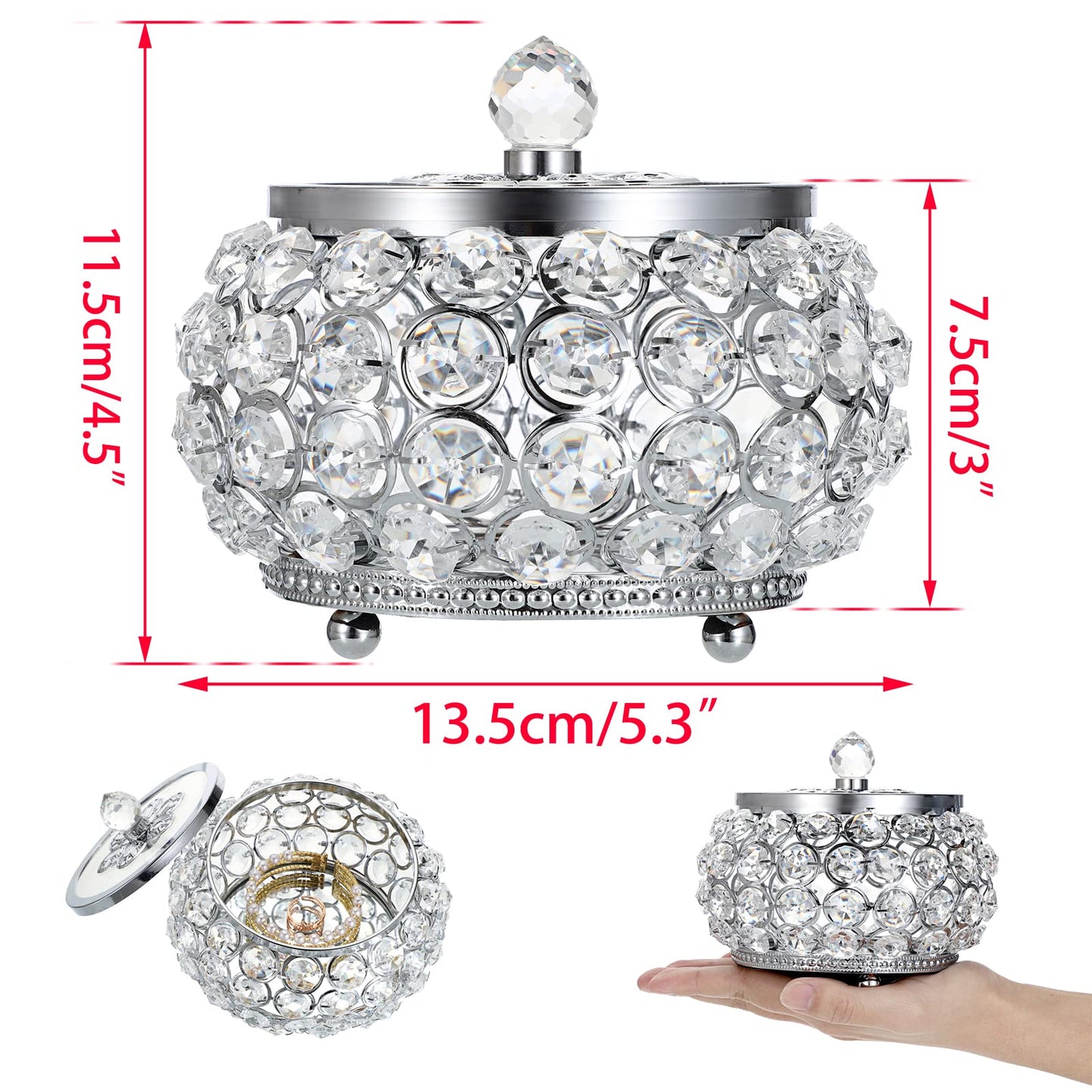 Hipiwe Crystal Jewelry Trinket Box with Glass Lid Silver Mirrored Treasure Box Decorative Jewelry Box Ring Earrings Necklace Storage Keepsake Box Gift for Women