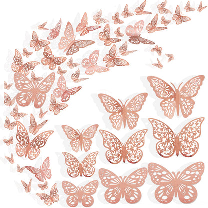 Nelotaor 36 Pcs Butterfly Wall Decor, 3 Styles 3 Sizes 3D Rose Gold Butterfly, Wedding & Birthday Party Decorations, Girls Bedroom Decoration