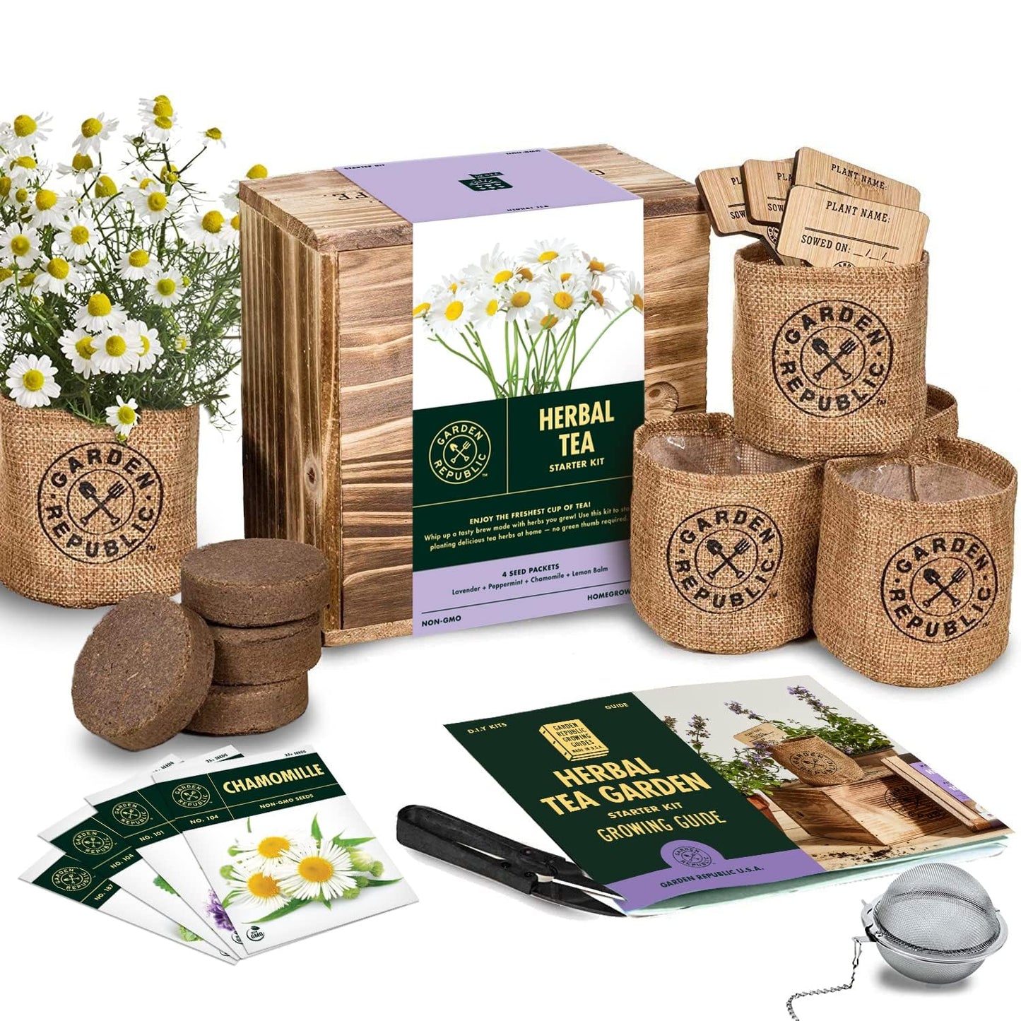 Indoor Herb Garden Seed Starter Kit - Herbal Tea Growing Kits, Grow Medicinal Herbs Indoors, Seeds for Planting, Soil, Plant Markers, Pots, Infuser, Planter Box, Gardening Gifts for Women