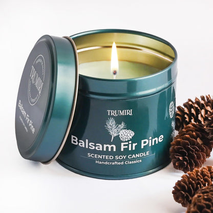 Balsam Fir Pine - Soy Candles for Home Scented - 5oz Natural Clean Non Toxic - for Fall Winter Christmas Holidays - Long Lasting Highly Scented Pet Safe Luxury Tin - Velas Aromáticas para el Hogar