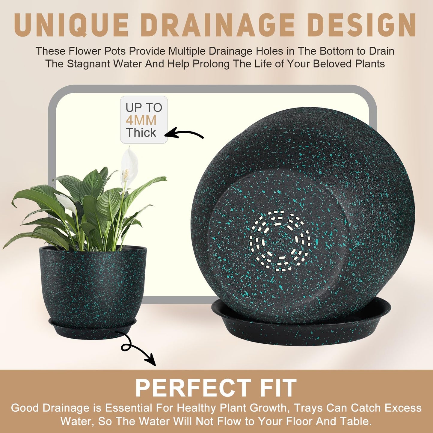 YNNICO Plant Pots 10/9/8/7.5/7 inch Set of 5,Flower Pots with Multi Mesh Drainage Holes, Large Planters for Indoor Outdoor Garden Plants and Flowers. (Green Speckles)