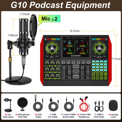 tenlamp G10 Dual Microphone Podcast Equipment Bundle with Live Sound Board Audio Mixer - Two Condenser Mics, Voice Changer, Noise Reduction, for PC/Phone Streaming, Gaming, Singing, Podcast