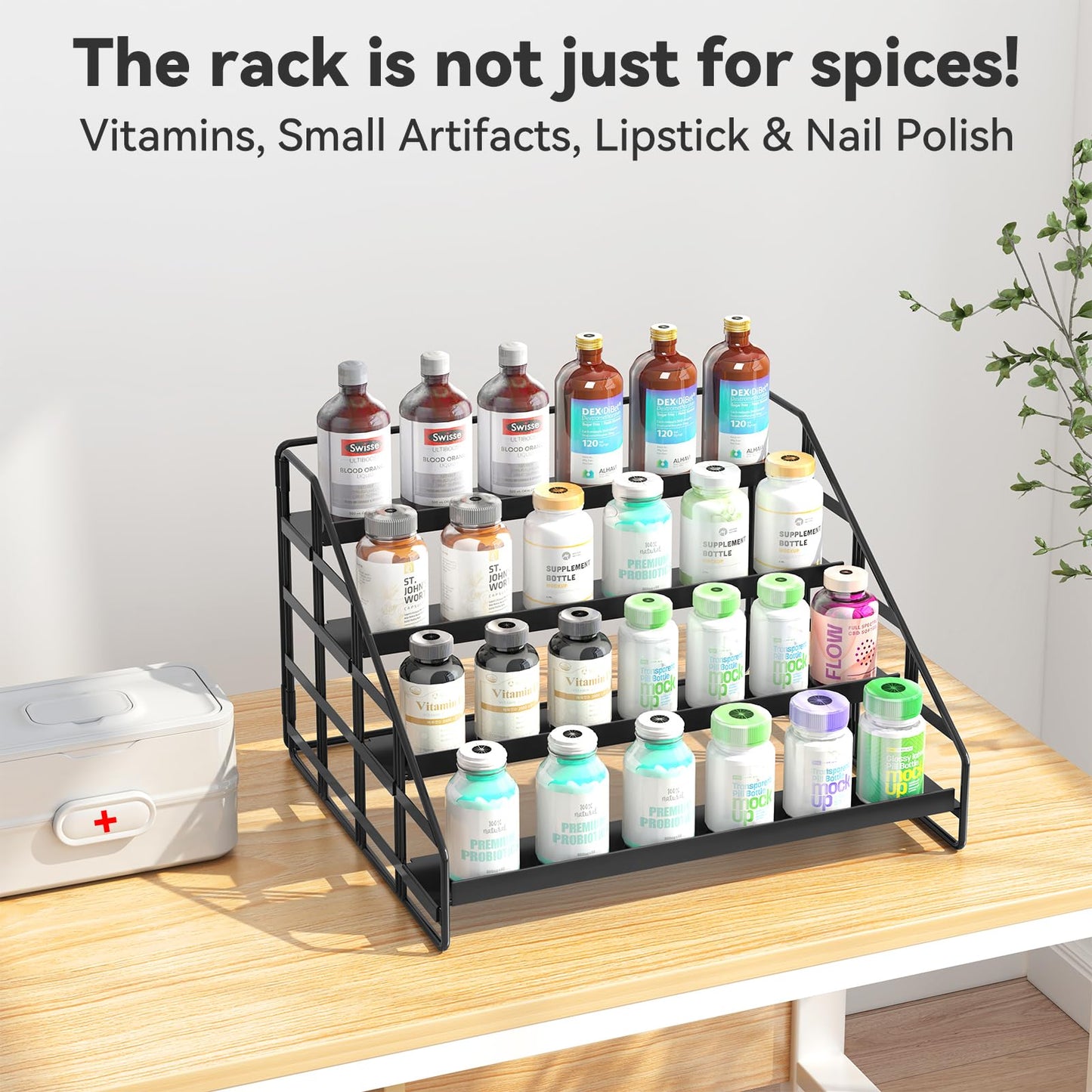 Bunoxea 4 Tier Adjustable Spice Rack for Cabinet & Countertop, Black