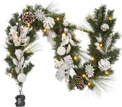 LinTimes Christmas Garland with 20 LED Lights, 6 FT Pre-lit Silver White Xmas Garland with Bow-Knot Ball Ornaments, Battery Operated Garland with Timer for Mantle Staircase Table Decoration