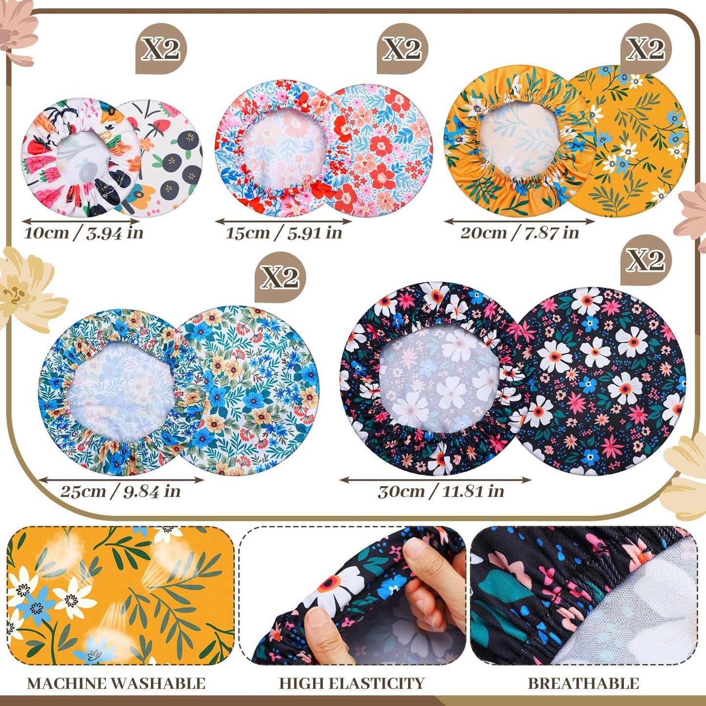 10 Pack Cloth Bowl Covers for Bread Rising - 5 Size Stretch Elastic Food Storage Container Lids - Reusable Fabric Covers for Food, Fruits, Leftovers (Flower)