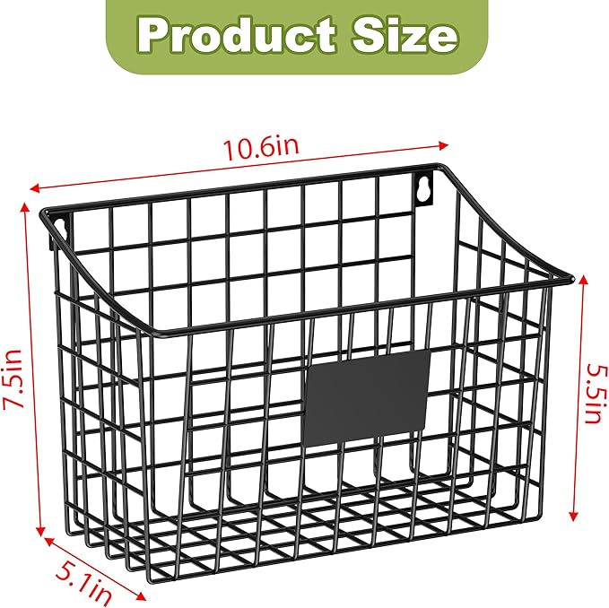 Wall Basket with Label Plate & 5 S-Hooks –4 Pack Hanging Wire Basket