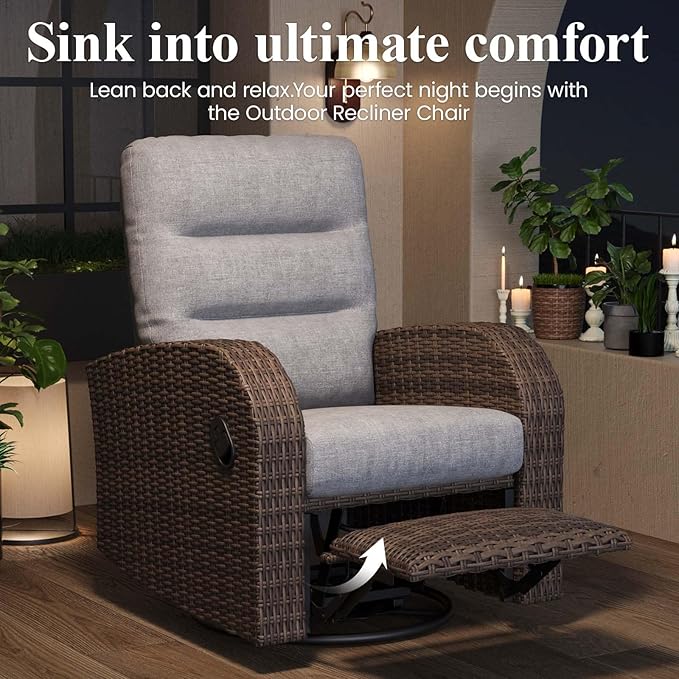 LayinSun Oversized Wicker Outdoor Swivel Glider Recliner with Adjustable Backrest & Footrest, Patio Reclining Lounge Chair