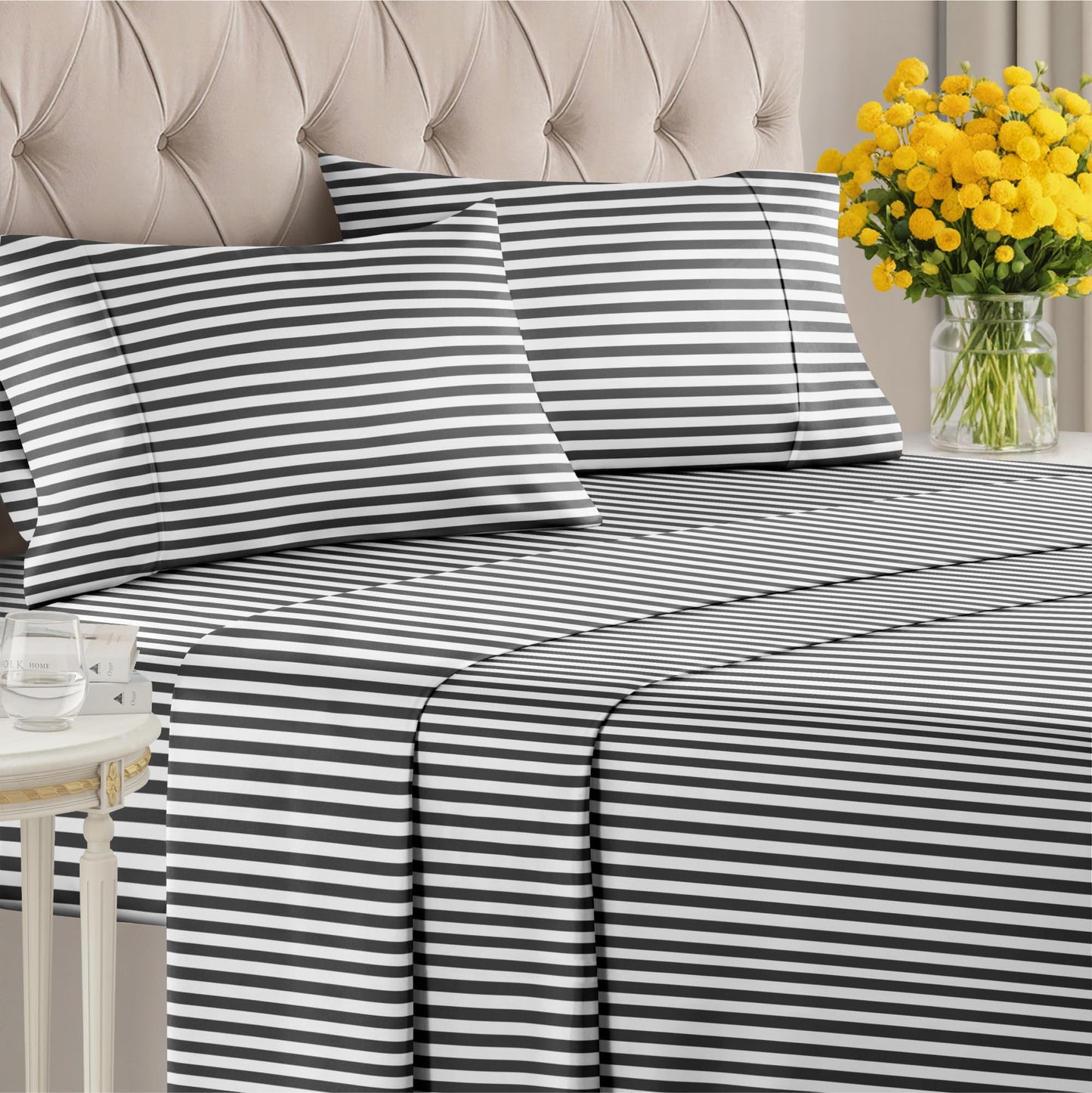Striped Sheets - Black & White Striped Sheets - 1 Flat & 1 Fitted & 2 Pillowcases w/ Deep Pockets – Wrinkle & Fade Free - Soft, Breathable and Cooling – Luxury Pinstripe Bedding - Full Size Bed Set