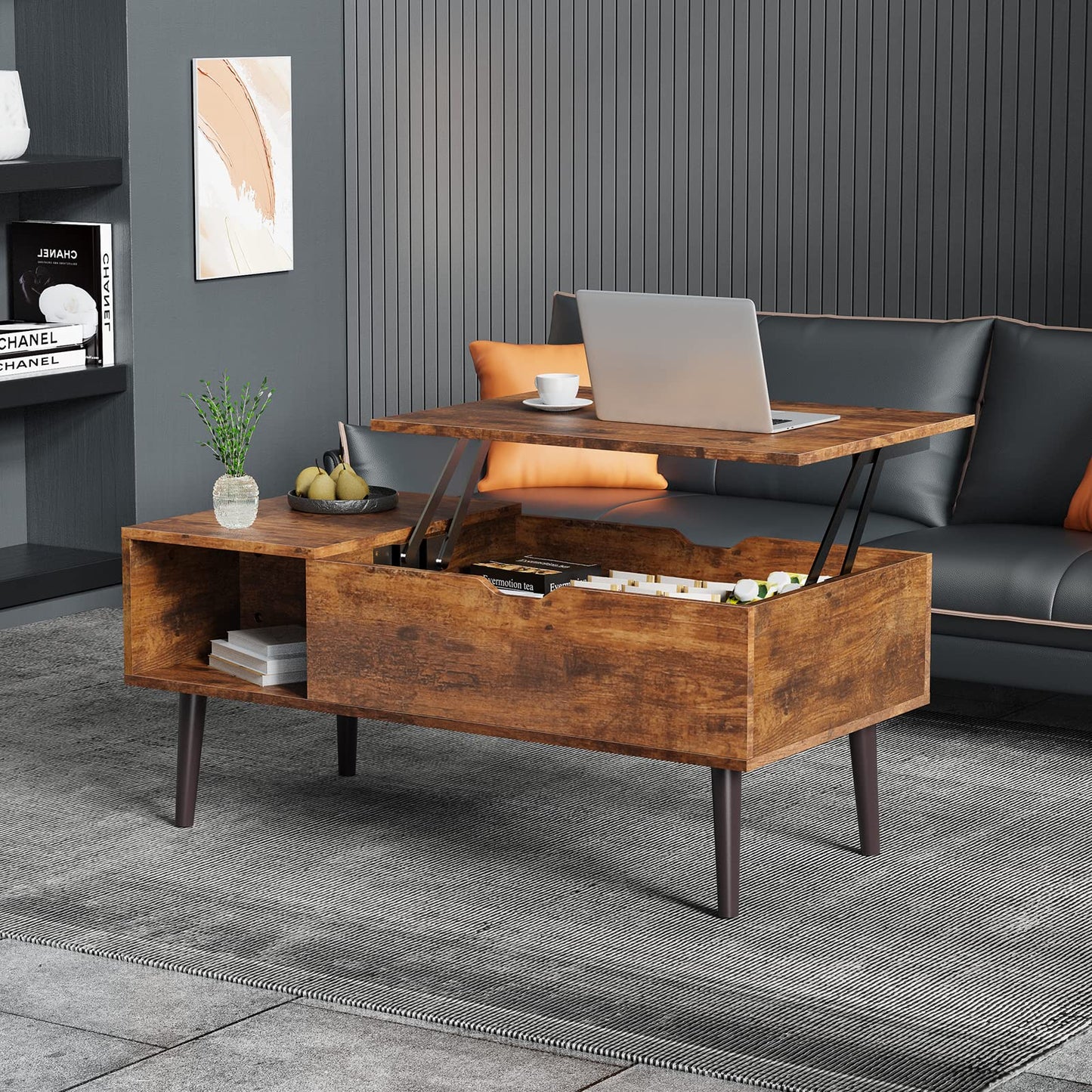 Sweetcrispy Lift Top Coffee Tables for Living Room, Small Rising Wooden Center Tables with Storage Shelf and Hidden Compartment, Brown