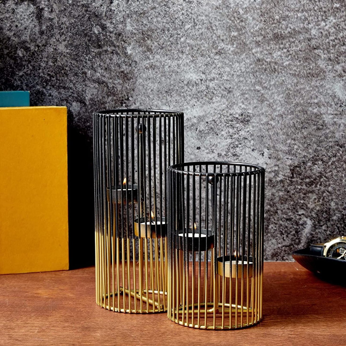 Juvale Metal Geometric Candle Holders - Gold Candle Holder Set - Versatile Table Centerpiece & Coffee Table Decor - for Tealight & Taper Lights - Pack of 2, 4 x 6 in & 4 x 8 in