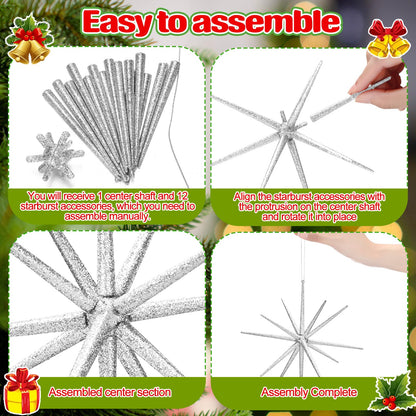 Syhood 6 Pcs Glitter Starburst Star New Year Ornaments 8 Inch Exploding Glitter Starburst Bethlehem Star Hanging Tree Ornaments Tabletop 3D Decor New Year Holiday Party(Sliver,Classic)