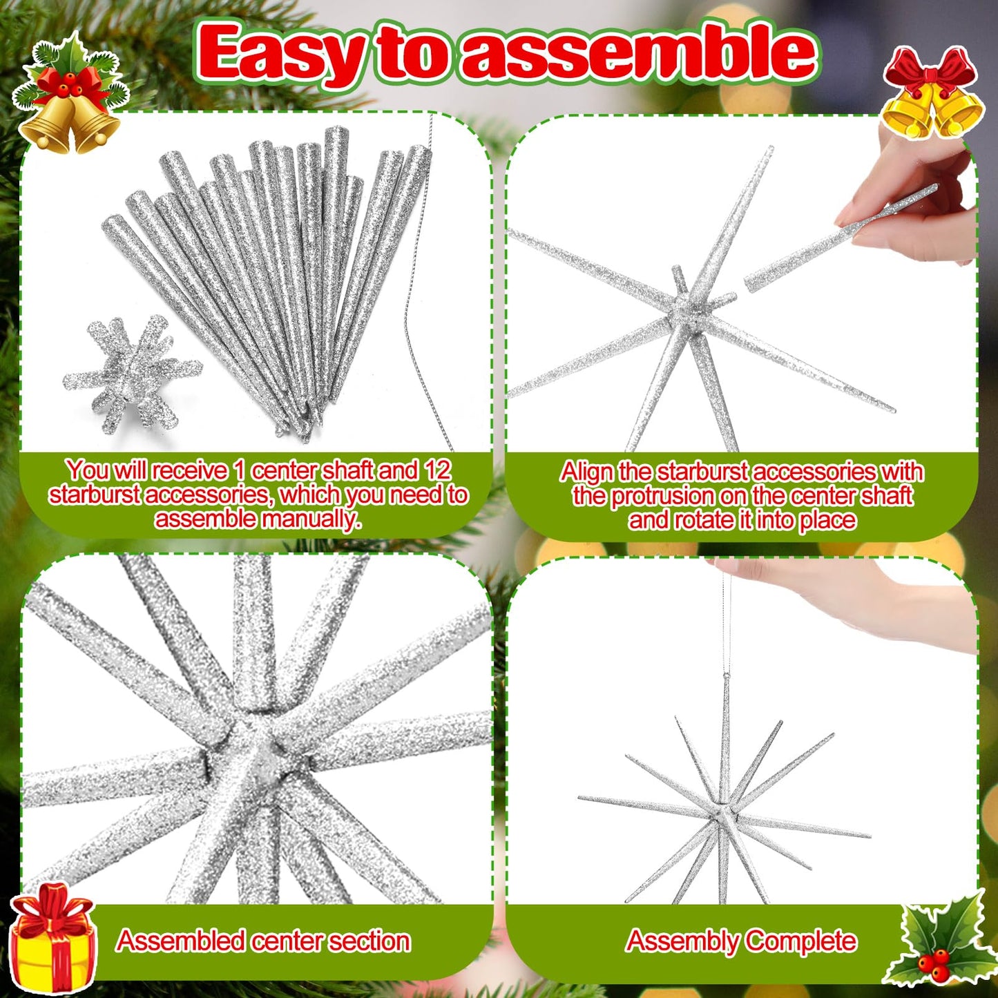 Syhood 6 Pcs Glitter Starburst Star New Year Ornaments 8 Inch Exploding Glitter Starburst Bethlehem Star Hanging Tree Ornaments Tabletop 3D Decor New Year Holiday Party(Sliver,Classic)