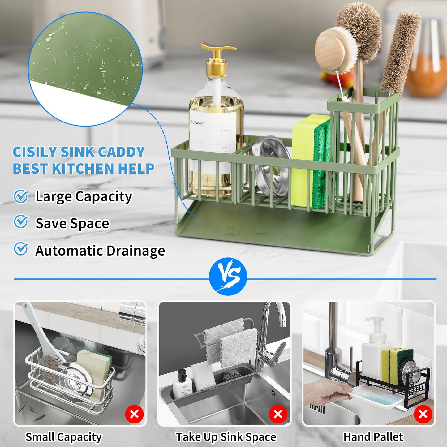 Cisily Kitchen Sink Caddy Organzier with High Brush Holder, Sponge Holder for Sink, 304 Rustproof Stainless, Kitchen Countertop Soap Dispenser Organizer, Kitchen Decor and Accessories