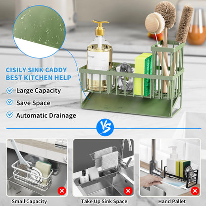 Cisily Kitchen Sink Caddy Organzier with High Brush Holder, Sponge Holder for Sink, 304 Rustproof Stainless, Kitchen Countertop Soap Dispenser Organizer, Kitchen Decor and Accessories