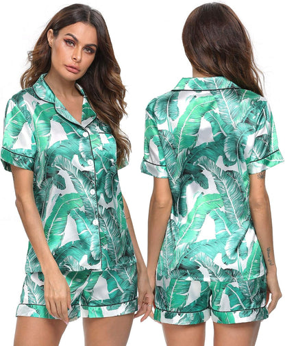SWOMOG Womens Silk Satin Pajamas Set Short Sleeve Sleepwear Button Down Top and Shorts Loungewear 2 Piece Pjs Set XS-3XL