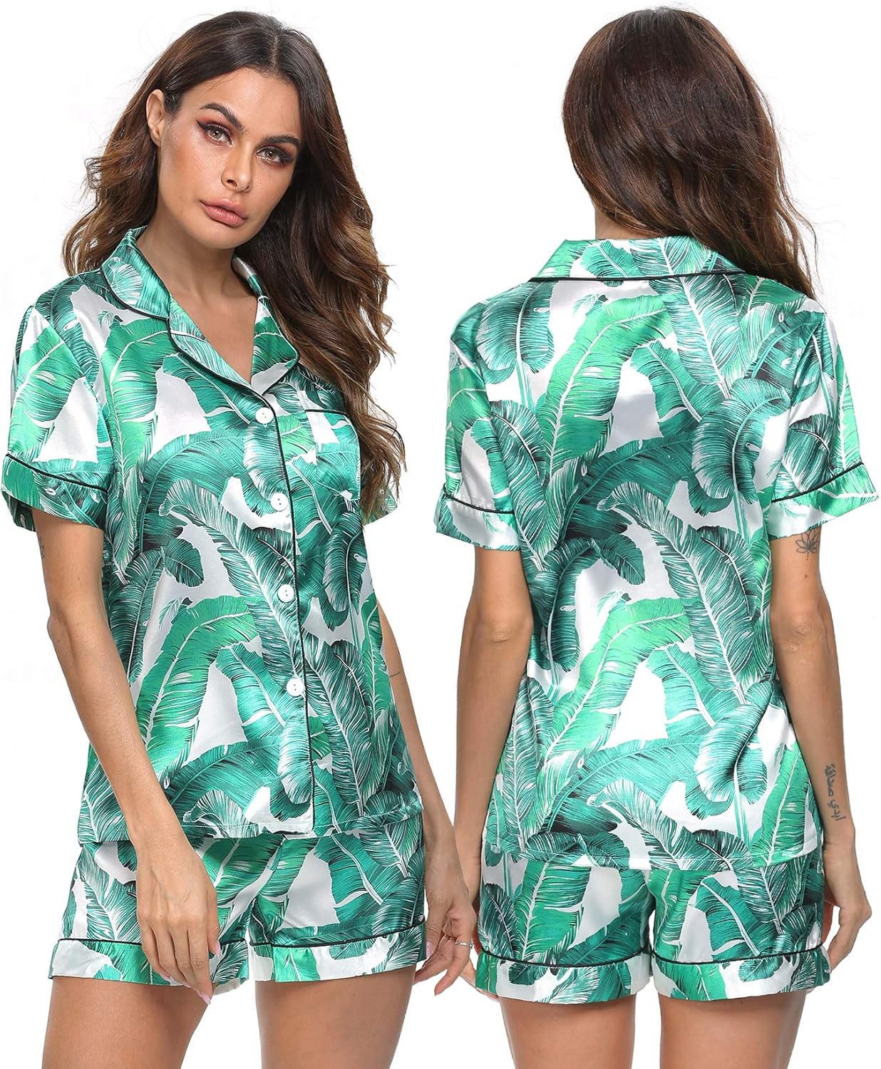 SWOMOG Womens Silk Satin Pajamas Set Short Sleeve Sleepwear Button Down Top and Shorts Loungewear 2 Piece Pjs Set XS-3XL