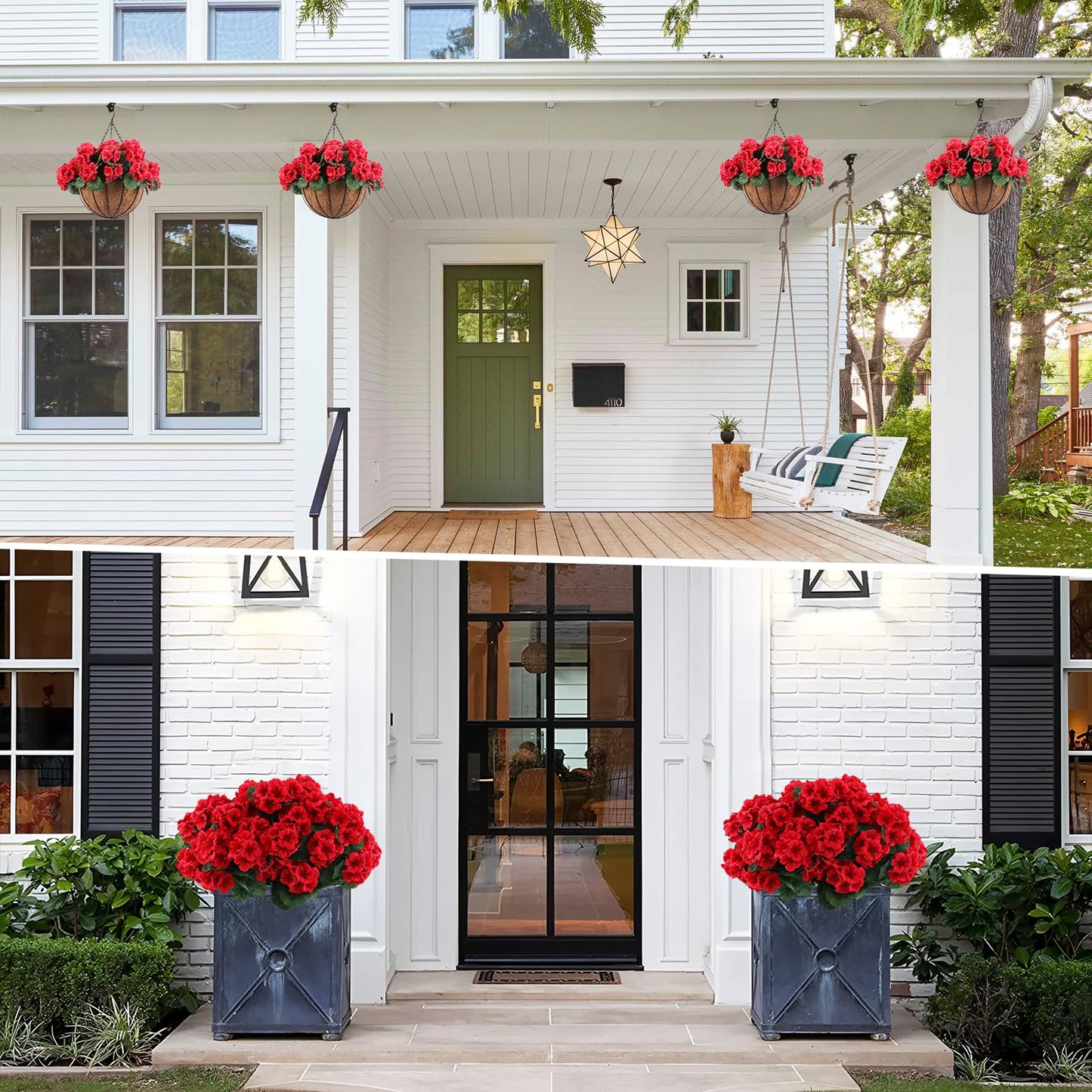 Hananona 2 Set Artificial Red Geraniums Flowers for Outdoors with Hanging Baskets, 2 Hanging Planters with 12 Pcs Red Geranium Flowers for Christmas Front Porch Garden Patio Home Decor (2, Red)