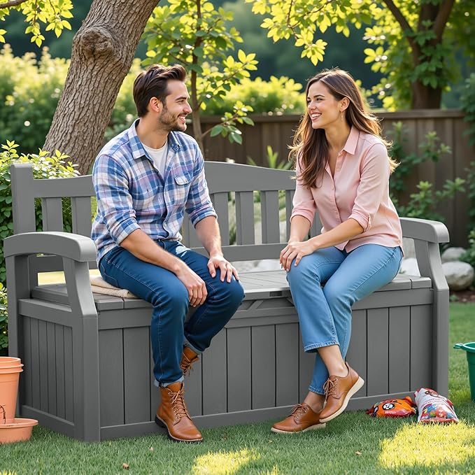 Flamaker 80 Gallon Storage Bench Outdoor Indoor, Durable All-Weather Seating with Hidden Storage, Lockable Deck Box for Garden, Patio, Poolside (Grey)