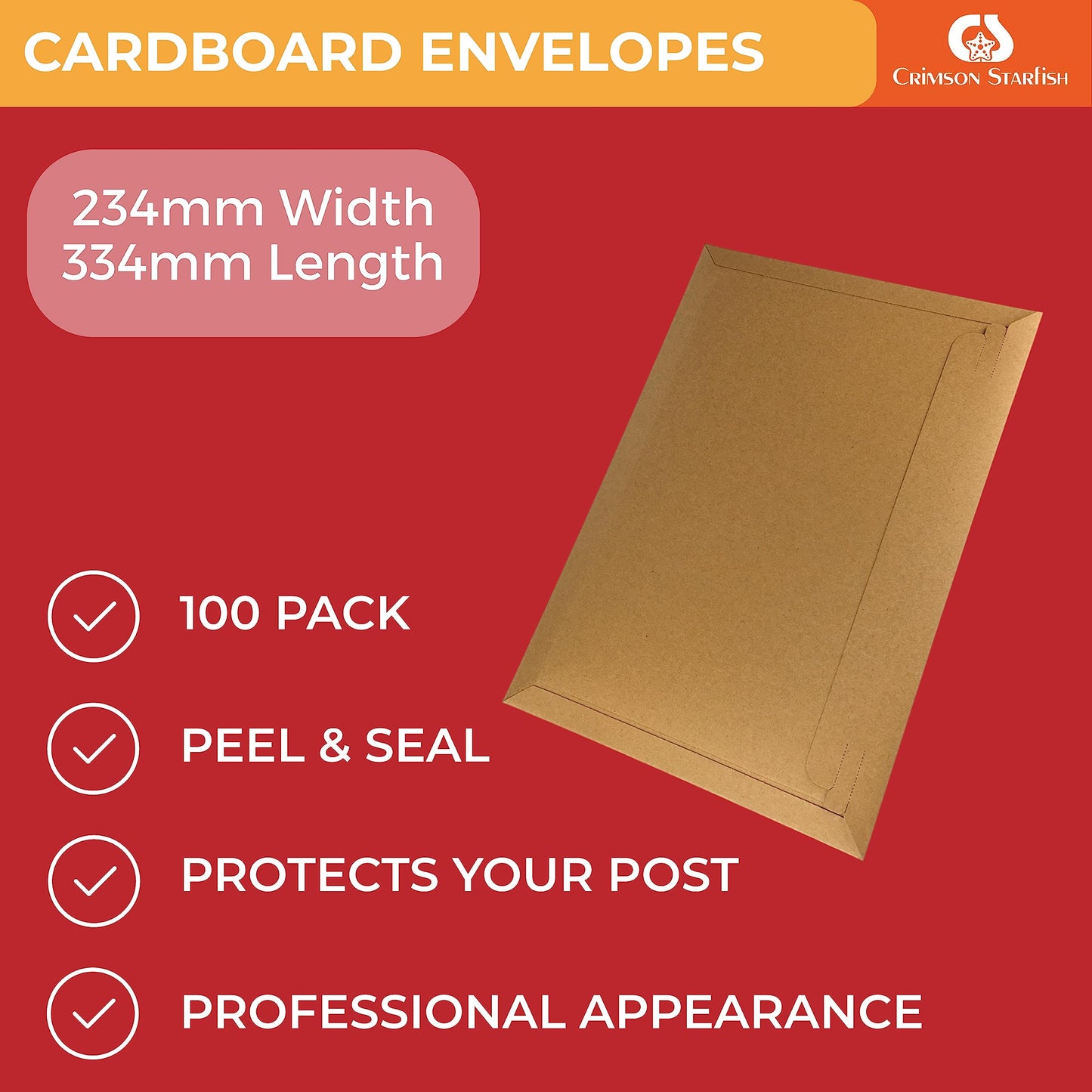 Crimson Starfish Cardboard Envelopes | 100 A4/C4 Peel & Seal Letter Envelopes | 234 x 334 mm Envelopes for Postals | Rip & Strip Open | Card Mailers for Royal Mail Large Letter Posting (PIP)