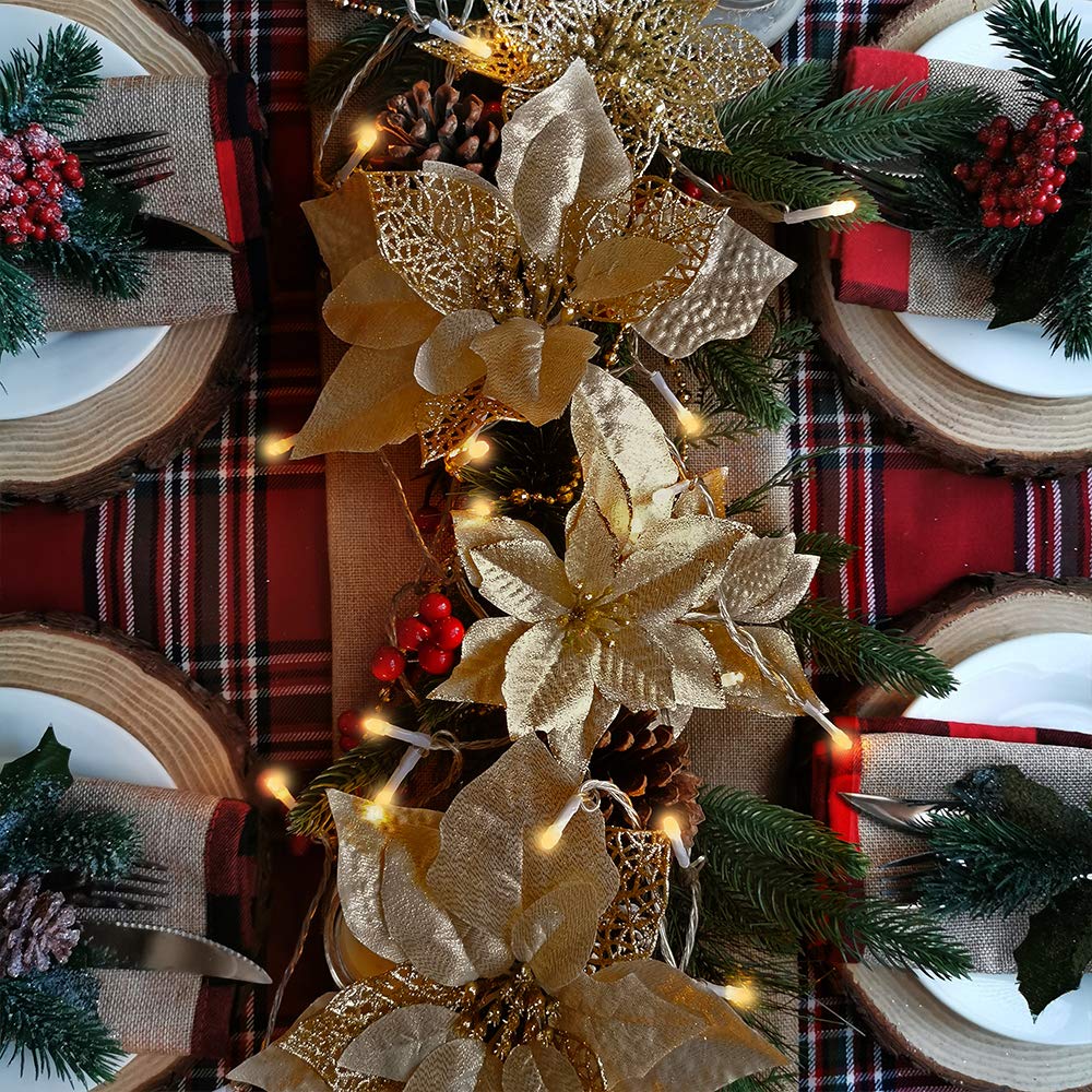 Winlyn 26 Set 3 Style Christmas Gold Glitter Poinsettia Flowers Picks Xmas Tree Ornaments and 20 Yards Decorative Gold Glittered Wired Ribbon for Christmas Tree Wreaths Garland Holiday Décor