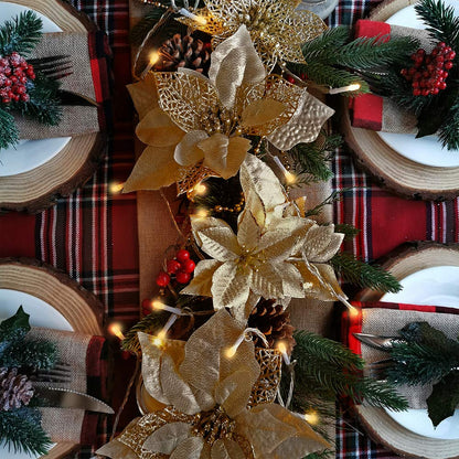 Winlyn 26 Set 3 Style Christmas Gold Glitter Poinsettia Flowers Picks Xmas Tree Ornaments and 20 Yards Decorative Gold Glittered Wired Ribbon for Christmas Tree Wreaths Garland Holiday Décor