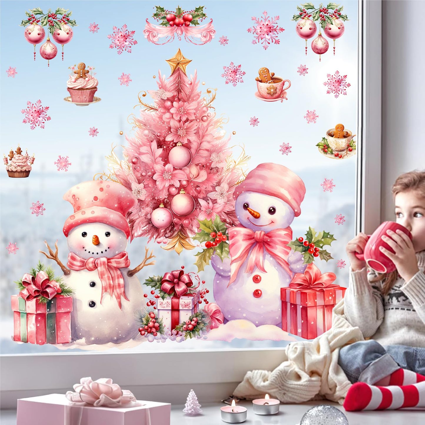 Pink Christmas Window Clings Removable Snowman Static Decals Indoor Home Decoration Double-Sided Xmas Tree Stickers for Glass Winter Pine Tree Snowflakes Cling for Living Room Holiday Party Supplies
