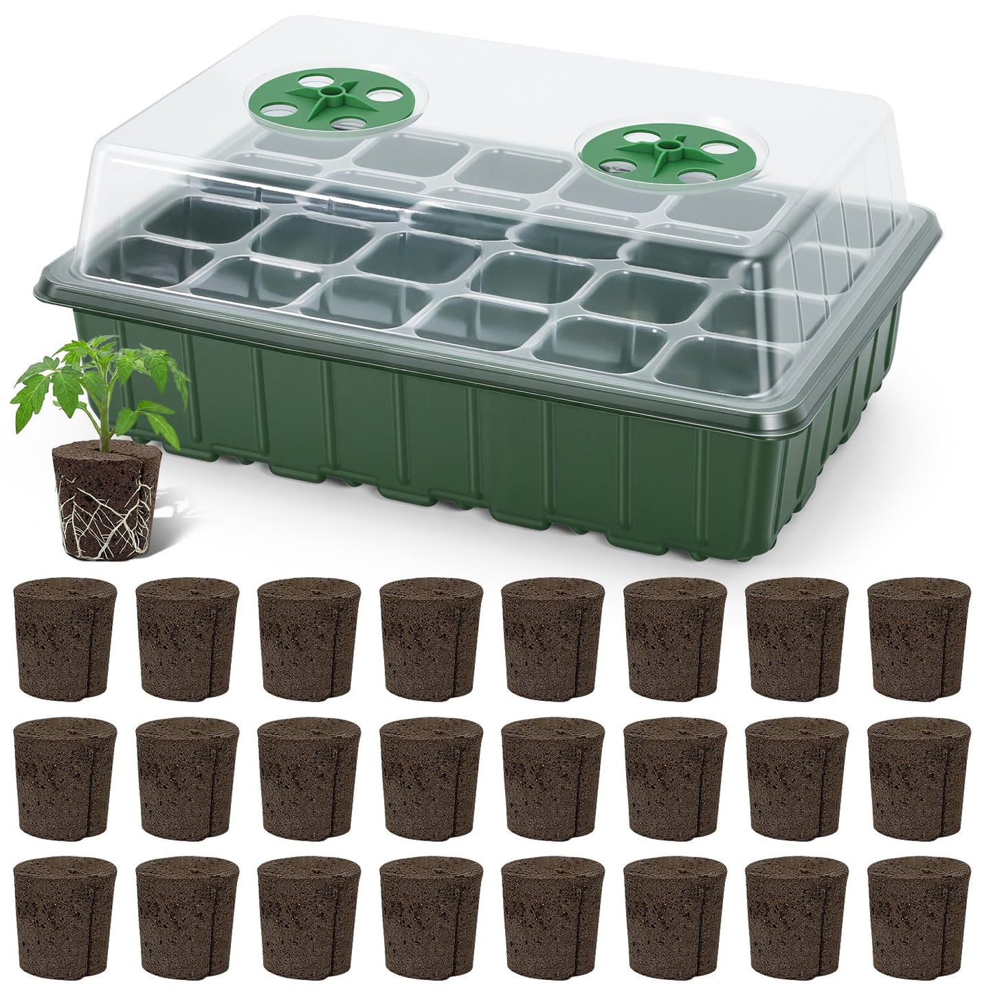 Grow Sponges with Tray, 24 Pack Seed Starter Pods & Starter Plugs for Cuttings, Hydroponic Grow Sponges for Seed Starting, Plant Plugs for Herbs Vegetables Flowers, Easy Transplant Rooter Pods