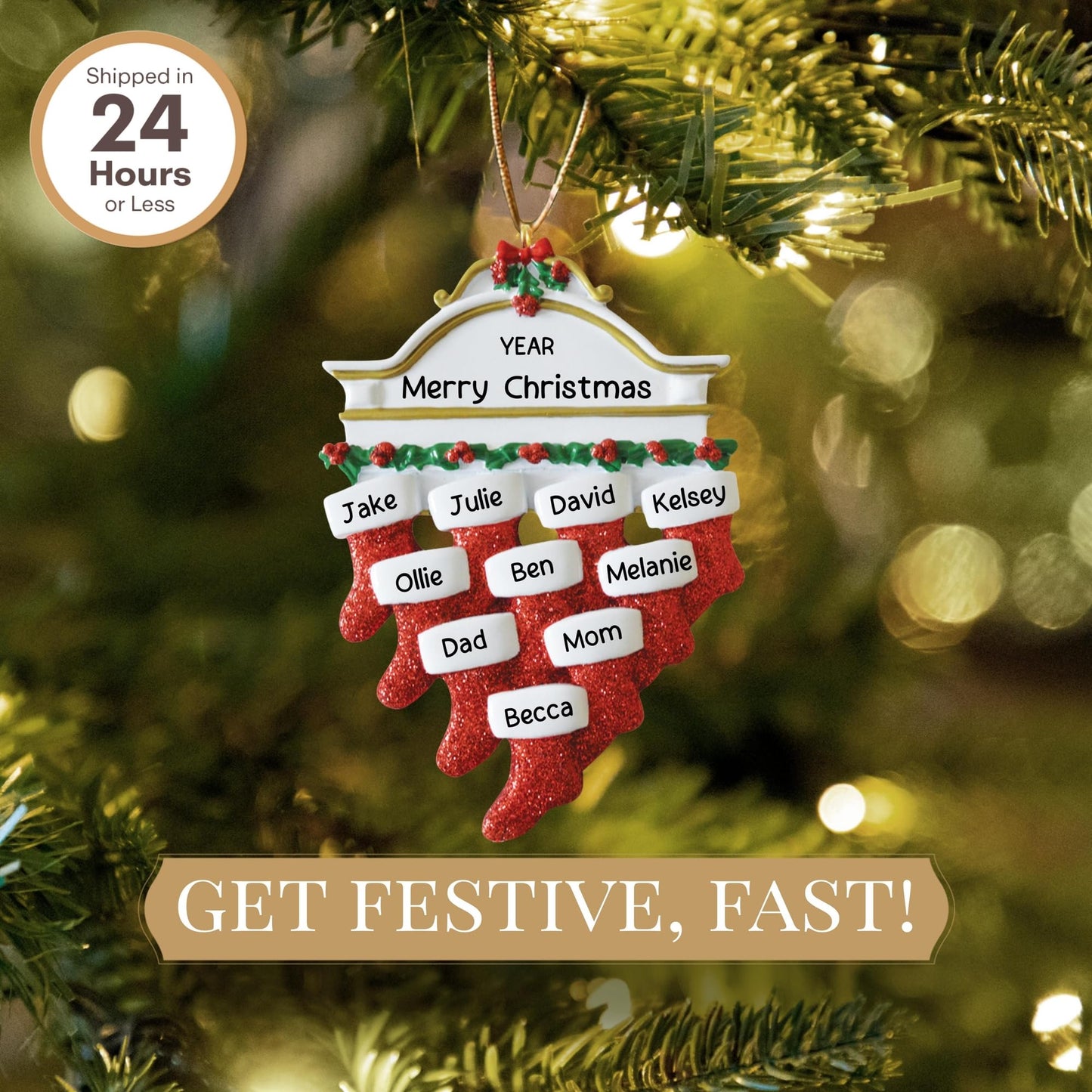 Personalized Large Family of 10 Ornament 2025 | Free 24h Customization | Laser Engraved Red Stocking Christmas Ornaments for Tree | Custom Gift Wrapped Festive Holiday Mantel Keepsake for Ten Persons