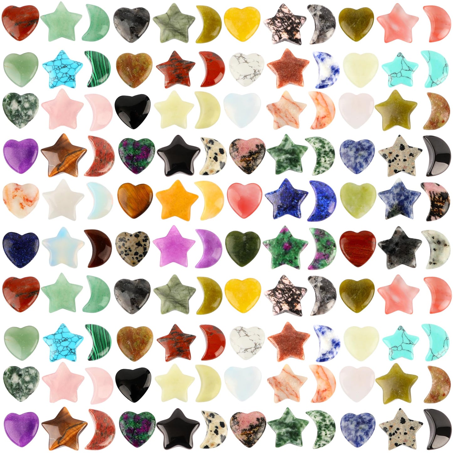 120 Pcs Shaped Crystals Heart Shaped Moon Star Crystals Worry Stones Bulk Heart Gemstones for Valentine Gifts Witchcraft
