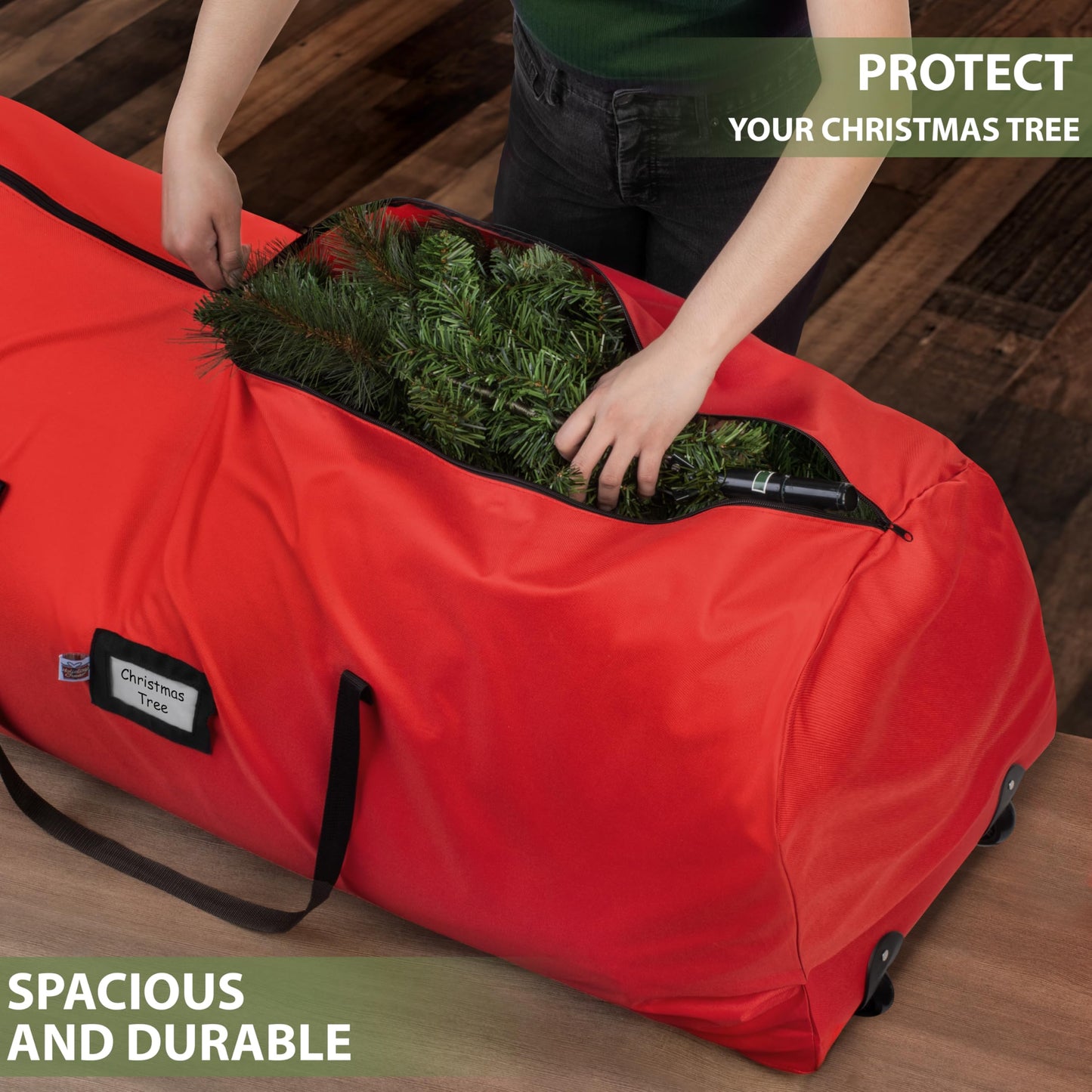 Holiday Cheer Christmas Tree Storage Bag with Wheels – Heavy Duty Christmas Tree Bag Fits Up to 9ft Tall Artificial Christmas Tree, Waterproof, Durable Handles & Zipper – Xmas Tree Storage Bag (Red)