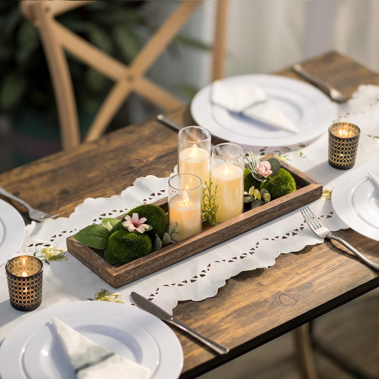 Romadedi Rustic Decorative Wood Candle Tray - 15" Wooden Long Narrow Tray Candle Holder, Farmhouse Small Trays for Coffee Table Centerpieces Dining Room Kitchen Countertop Home Decor, Brown