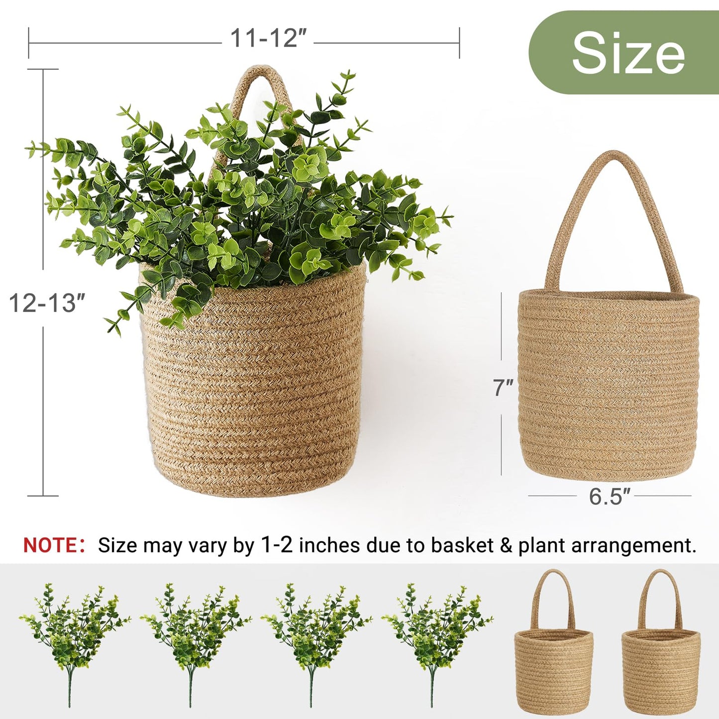 Dahey 2 Pack Wall Hanging Rope Basket (6.5"W×7"H) with Artificial Eucalyptus, Jute Woven Storage Organizer Flower Plants Basket Farmhouse Rustic Wall Decor for Porch Living Room Bedroom Entryway,Brown