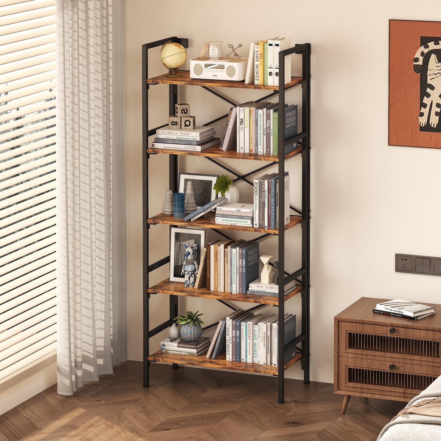 Homeiju Folding Bookshelf,5 Tier Bookcase Foldable Shelf with X-Bracket Design, Adjustable Feet, Space Saving Storage for Living Room, Office, Rustic Brown