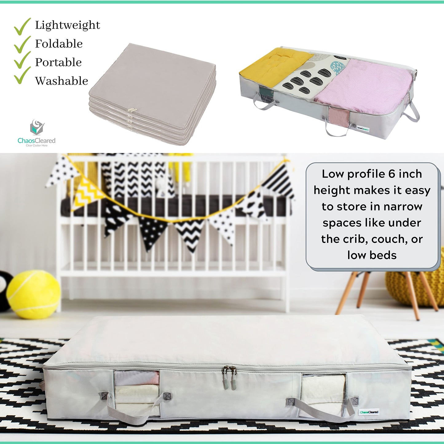 Under Bed Storage Containers for Toys, Clothes, Shoes etc. Underbed Organizer Bag that slides Under the bed without friction or wheels. Low profile 6 height is great for under the couch or other