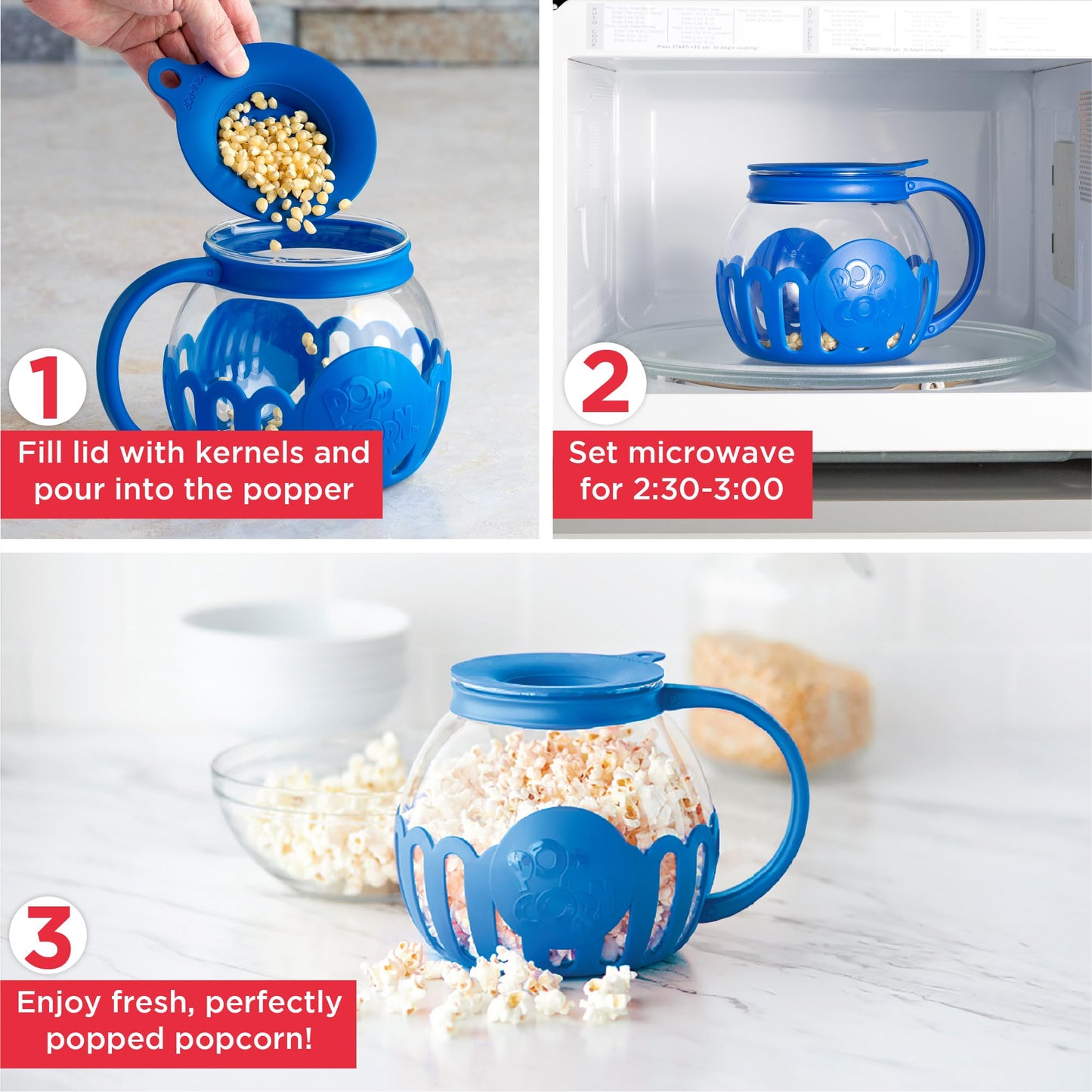 Ecolution Patented Micro-Pop Microwave Popcorn Popper with Temperature Safe Glass, 3-in-1 Lid Measures Kernels and Melts Butter, Made Without BPA, Dishwasher Safe, 3-Quart, Aqua