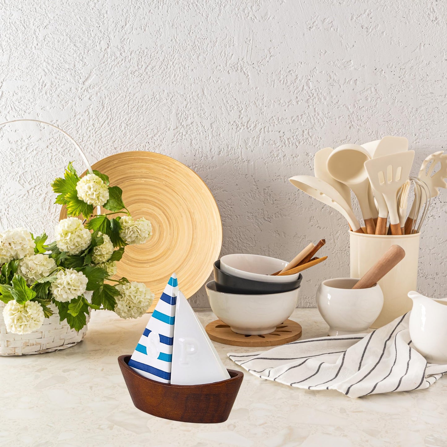 UNEAK -Handcrafted Ceramic Cute Sailboat Salt And Pepper Shaker with Cherry Wood Base/Boat Elegant (2 Pcs Set) Gift Shakers Set Compact Cooking, Kitchen and Dining Room, Classic, Refillable