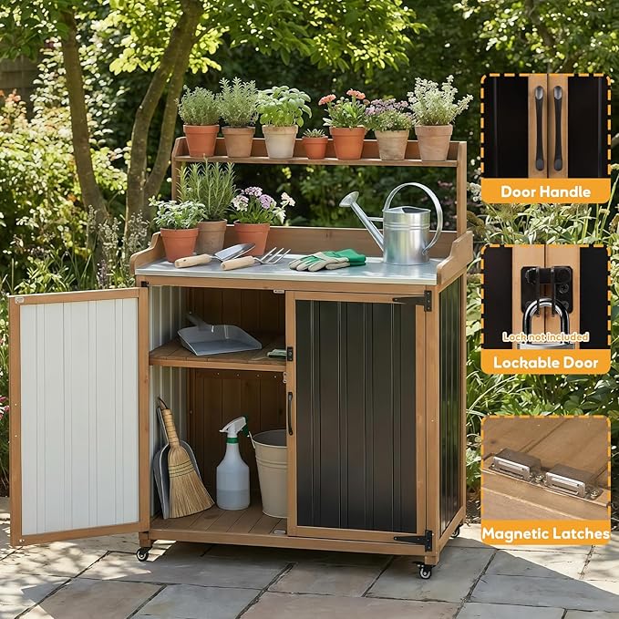Potting Bench Table & Outdoor Storage Cabinet with Lockable Wheels, Adjustable Shelves, Mobile Waterproof Metal Top Workstation for Garden Patio BBQ Organization, Magnetic Latch & Edge Guard