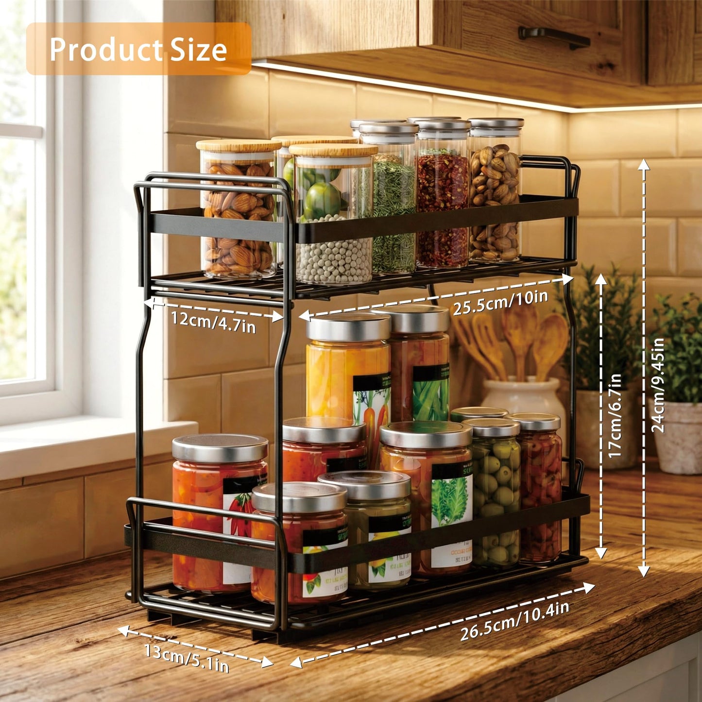 WOAHKIT 2 Pack Pull Out Spice Rack Organizer for Inside Kitchen Cabinets, Heavy Duty Slide Out Seasoning Kitchen Organizer, 2 Tier Vertical Sliding Seasoning Organizer, 10.5" D x 5.1" W x 9.6" H