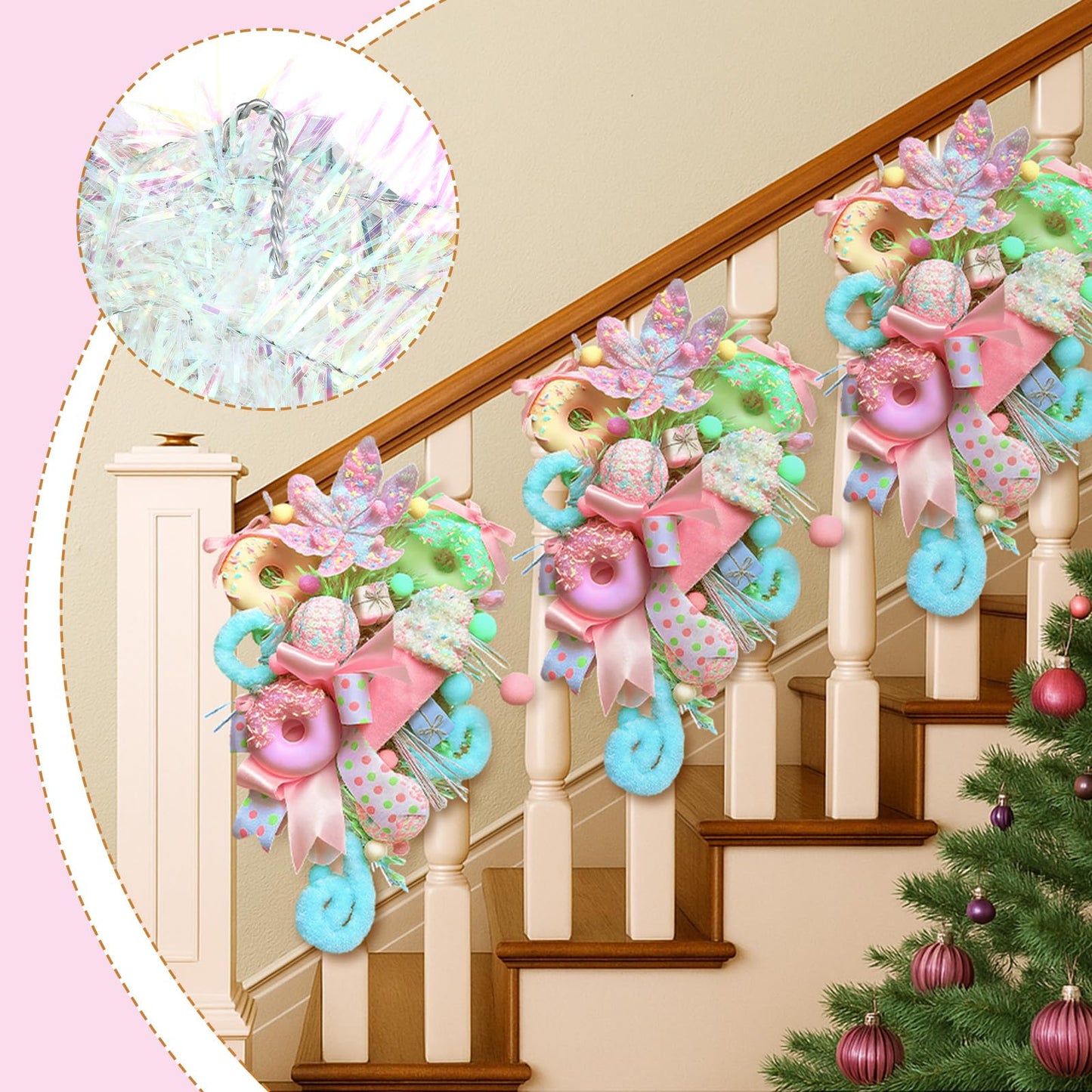Retrowavy 18 Inch Pastel Christmas Teardrop Swag Decoration Xmas Candy Cane Tear Drop Swags Wreath with Ribbon Lollipop Sweet Donut Ice Cream Cake Curly Stem for Front Door Wall Fireplace Holiday