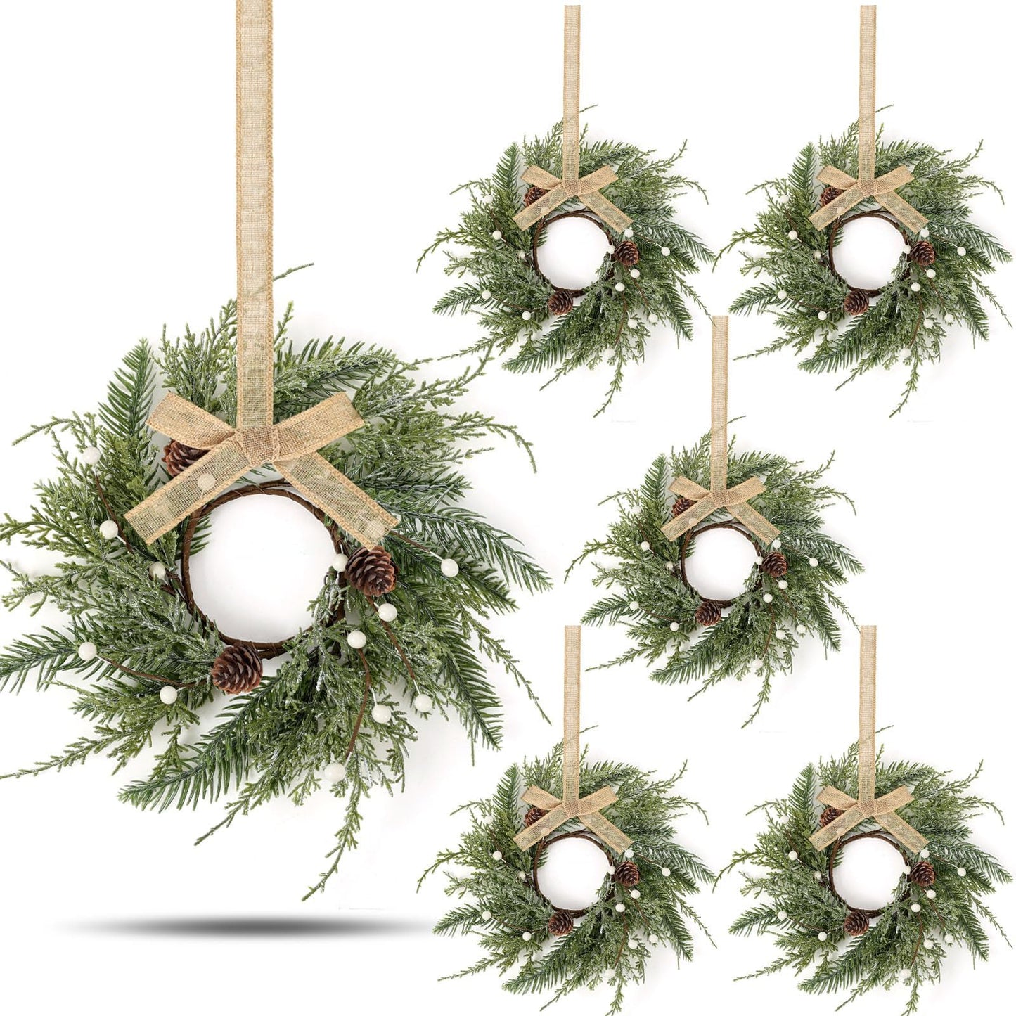 6 PCS Christmas Wreath Christmas Kitchen Cabinet Wreaths with Burlap Ribbon Mini Wreath Pine Garland Frosted Cedar Pine Cone Hanging Garlands Candle Rings for Front Door Window Chair Wall
