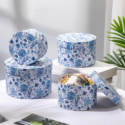 Briful Round Gift Boxes with Lids 4PCS Blue Flower Print Gift Box for Presents Nesting Assorted Sizes Present Boxes for Christmas Birthday Valentines Party Gift Wrap