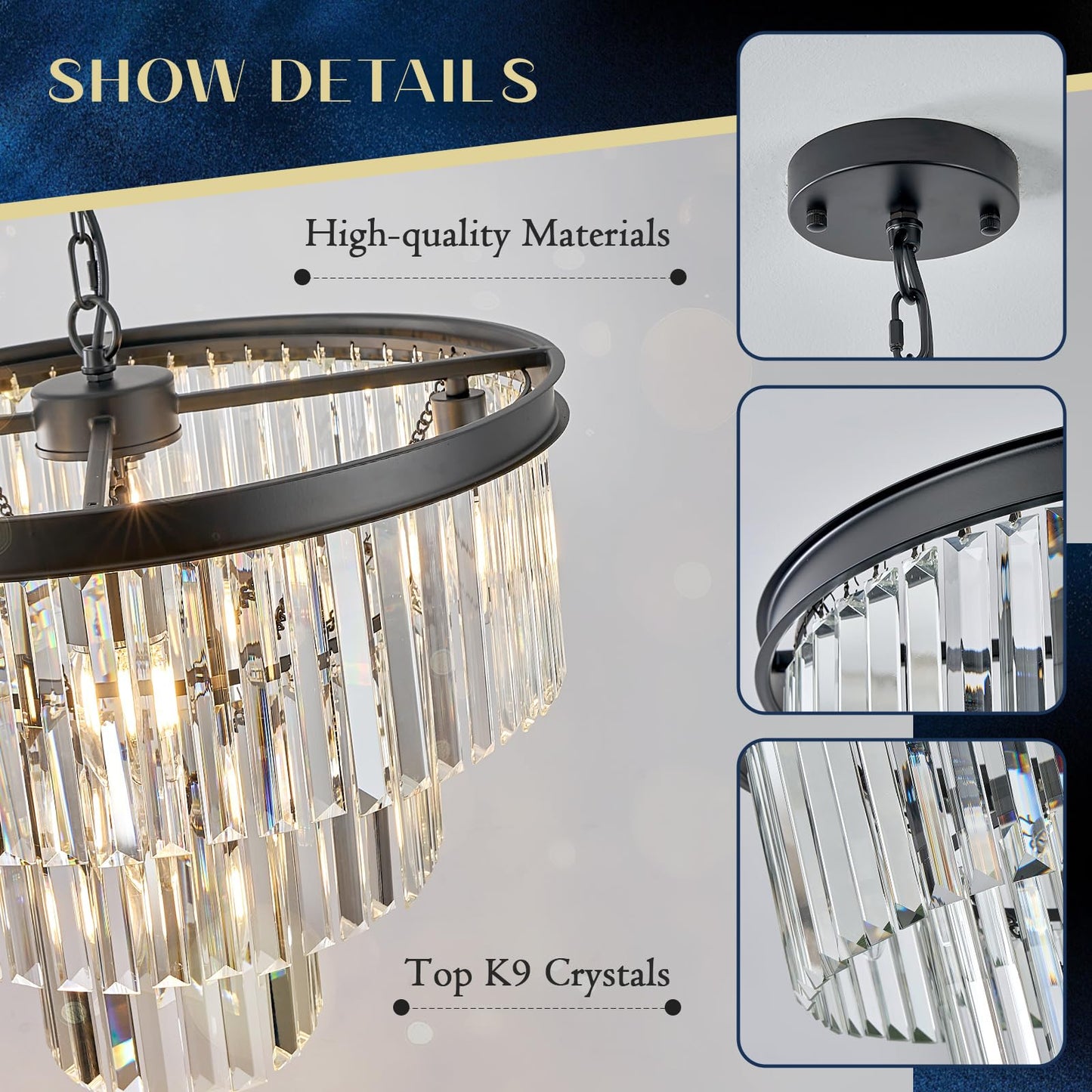 MERINEA Crystal Chandeliers Black Modern Round 20" Chandelier 7 Lights 3-Tier Ceiling Pendant Light Fixture Luxury K9 Crystal Lighting for Living Room Dining Room Bedroom Kitchen Foyer
