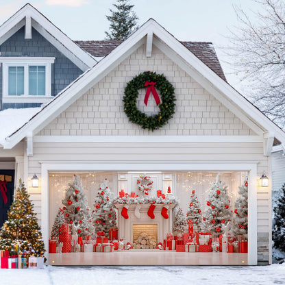 HOMETITUTE Christmas Garage Door Banner 13x6ft Red and White Fireplace Backdrop with Xmas Tree Stockings Gift Boxesand Lights Holiday Yard Wall Setting for Outdoor Party Setting Settingation