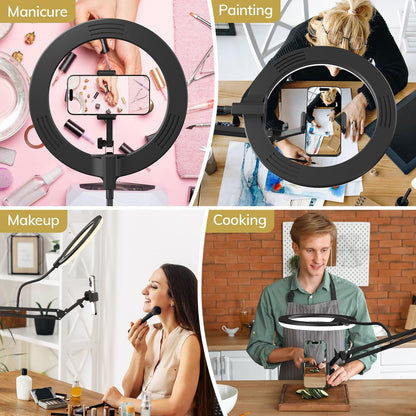 TONOR Overhead Ring Light Kit, 10" Ringlight with Heayy Duty Boom Arm and Phone Holder, Adjustable Angle, Suitable for Video Recording, Live Stream, Drawing, Makeup Nail
