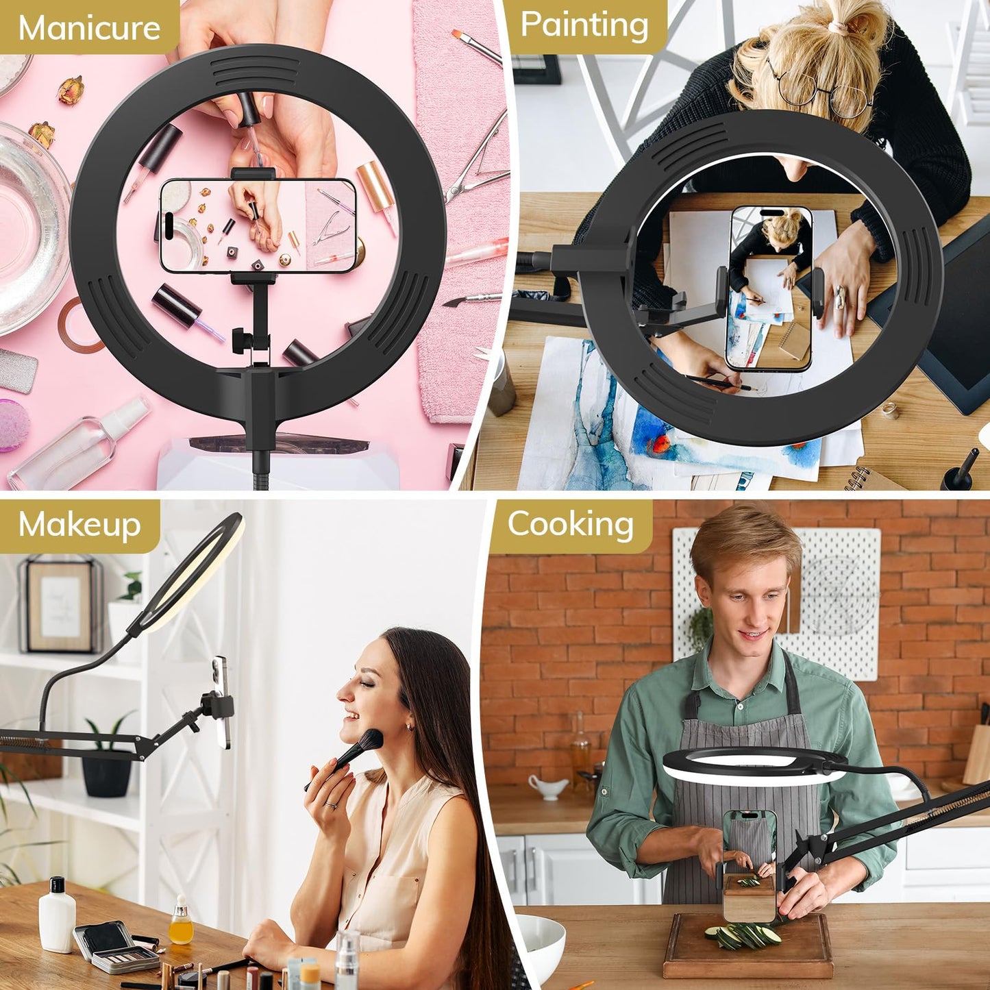 TONOR Overhead Ring Light Kit, 10" Ringlight with Heayy Duty Boom Arm and Phone Holder, Adjustable Angle, Suitable for Video Recording, Live Stream, Drawing, Makeup Nail