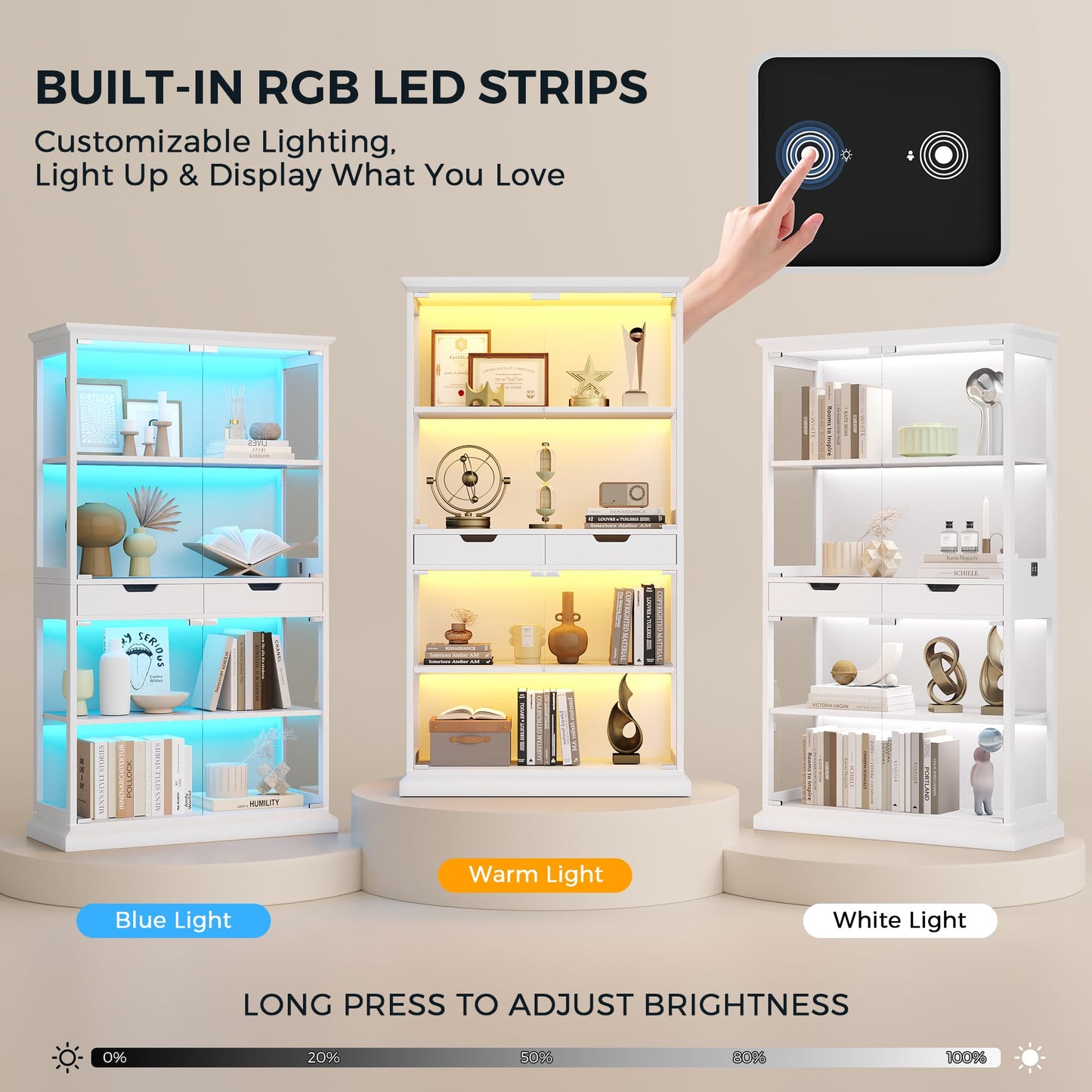 Jocoevol Display Cabinet with Glass Doors, 4-Tier Curio Cabinet with with 2 Drawers for Collectibles, Modern Glass Display Case Human Body Sensor & RGB Lights for Living/Game Room (White)