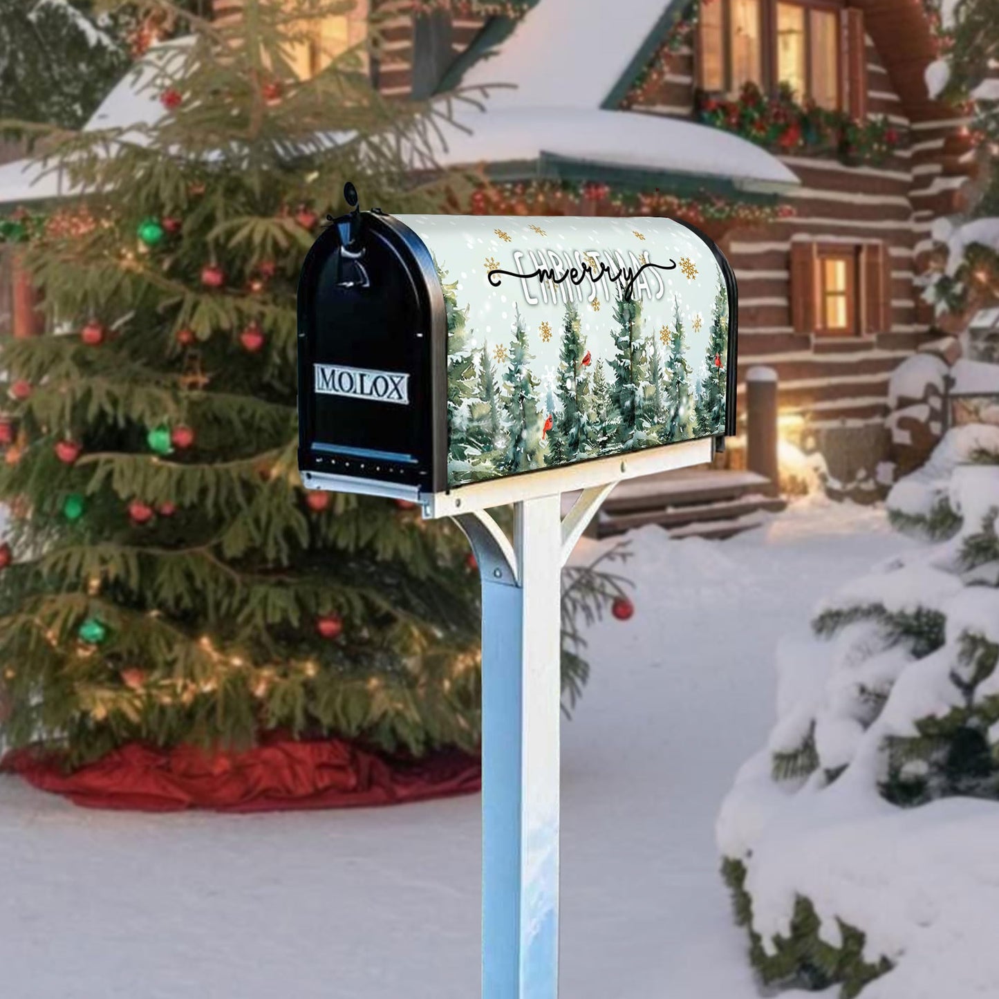 Merry Christmas Mailbox Cover - Magnetic Standard Size 18" X 21" - Christmas Dark Green Pine Trees Cardinal Birds Snowflake Mailbox Cover Decor for Home Garden Yard Post Letter Box